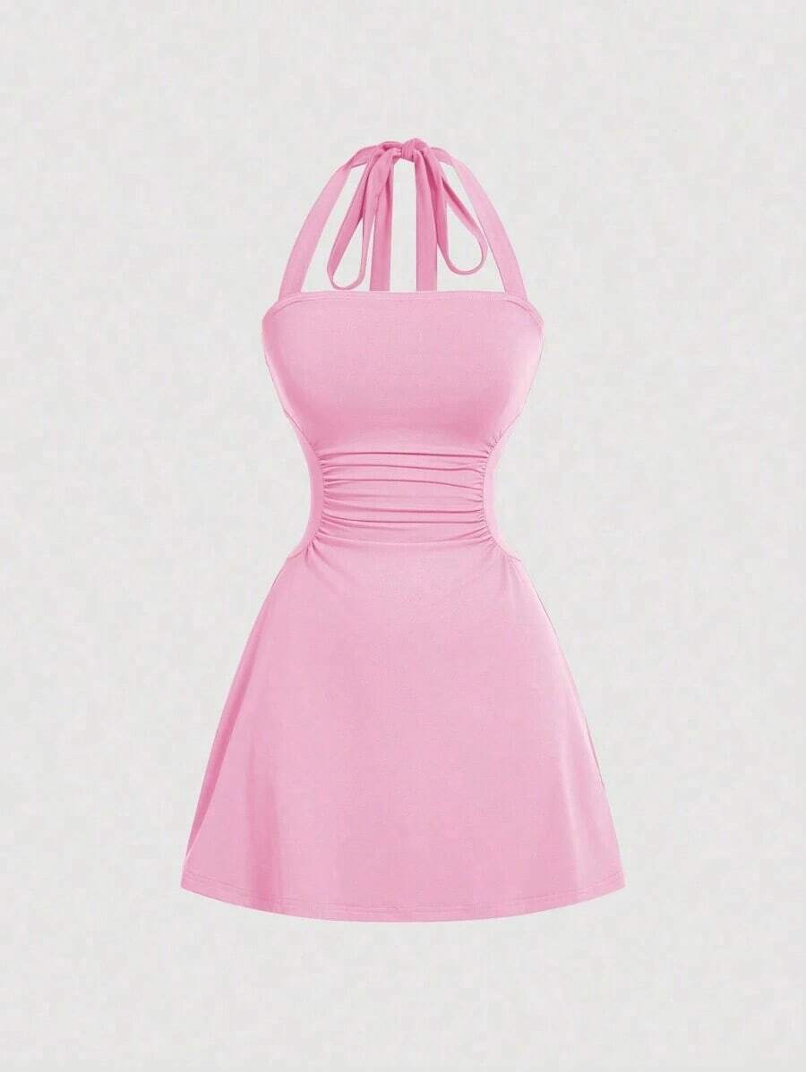 Vestido de corte en A y talle ceñido en la cintura, gris y con escote en V para mujer - Rosa coral - Ver 1