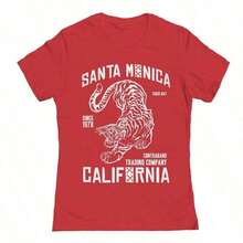 Women's Loose-Fitting Pure Cotton Santa Monica Tiger Print T-Shirt - Unisex Urban Vintage Style, Short Sleeve, Round Neck. - 紅色 - 查看 6