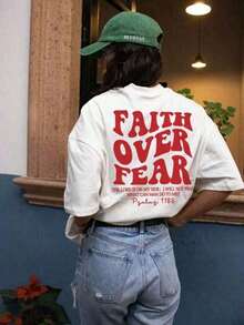 "Faith Over Fear" Double Print T-Shirt - Short-Sleeve Crew Neck Pure Cotton T-Shirt,  Holiday Style, A Daily Essential. Holiday Outfits, Simple Retro Street Style Top. Everyday Campus Wear For Men And Women - Comfortable Loose Fit Cotton Vintage Street Style T-Shirt - 白色 3 - 查看 7