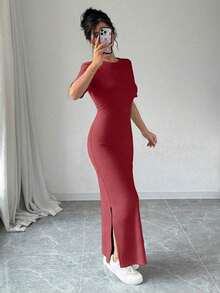 Vestido largo de mujer de manga corta con cuello en V y bajo dividido, de unicolor, vestido maxi elegante de color burdeos, vestido largo ajustado, vestido largo rojo, vestido maxi de manga corta para mujer, vestidos de mujer, vestido largo ajust - Burdeos - Ver 5