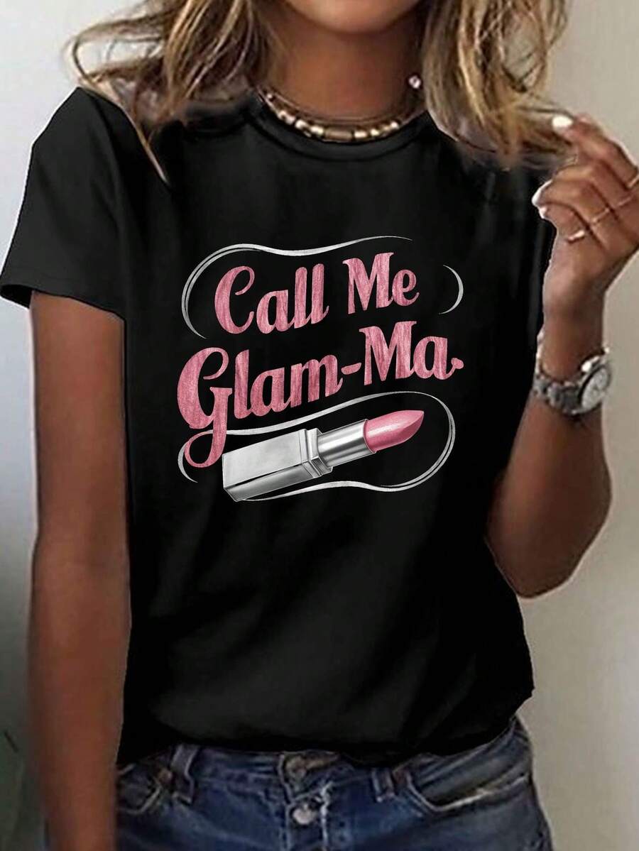 GLAM ME Lipstick Call Me Glam Women's Casual T-Shirt With Short Sleeves And Round Neck, Perfect For Summer And Spring. - Black - View 1