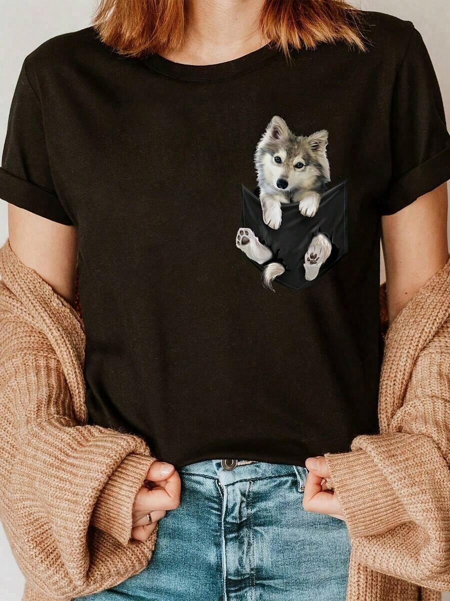 Camiseta Suave con Estampado de Perro y Cuello Redondo, Camiseta Casual de Manga Corta para Primavera y Verano, Ropa de Mujer, blusa casual mujer, blusas para mujer, playeras de mujer algodón - Negro - Ver 1