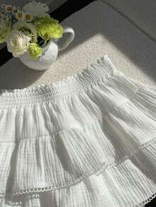 Falda pantalón para mujeres para conciertos campestres, blanca, de tejido, con cintura elástica y volantes en el bajo con silueta evasé - Blanco 2 - Ver 4