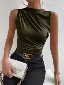 Blusa casual versátil con cuello alto y plisados para mujer - Verde militar - Ver 1
