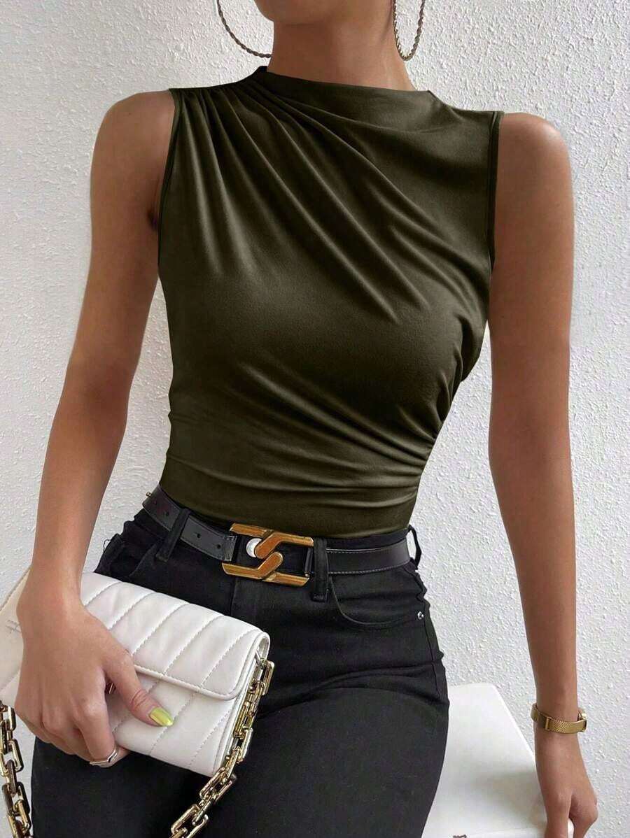 Blusa casual versátil con cuello alto y plisados para mujer - Verde militar - Ver 1
