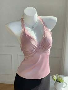 Top halter sin espalda con parches de lunares y encaje para mujer - Rosa - Ver 5