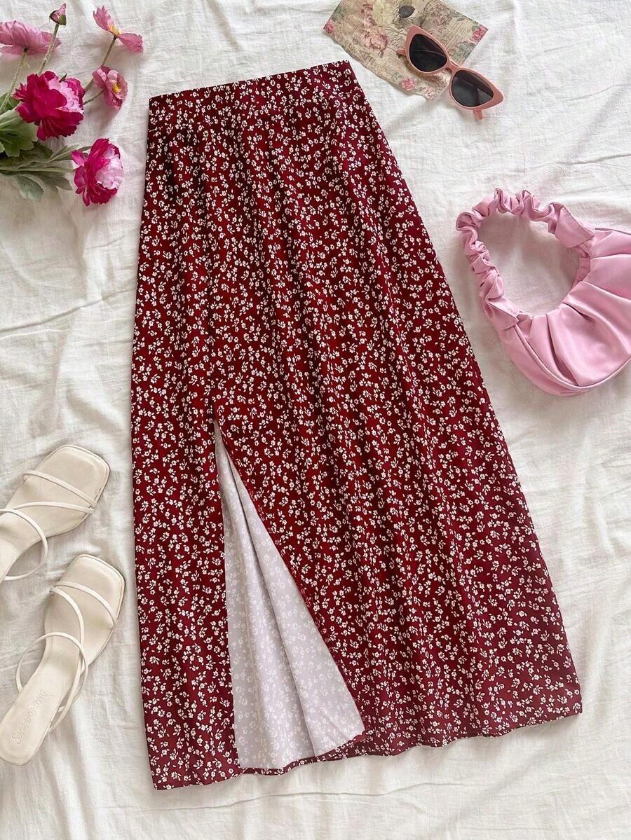 casual con estampado floral y dobladillo dividido para mujer - Burdeos - Ver 1