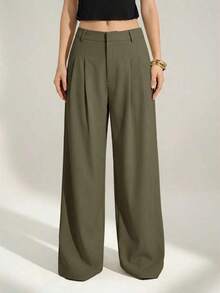 Tall Pantalones anchos de cintura alta plisados de estilo empresarial sexy y casual - Pantalones sueltos de unicolor elegante, ropa profesional de oficina, pantalones de trabajo con corte elegante para mujeres - Verde militar - Ver 3