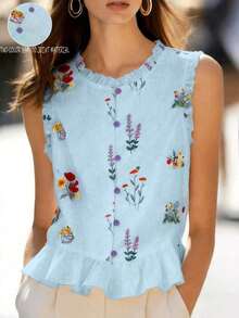 Nueva llegada de primavera/verano Blusa sin mangas con volantes de estampado floral francés dulce y único, elegante top de tirantes - Azul - Ver 7