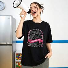 Women's Summer Clothing, Soft And Casual Cotton T-Shirt With Round Neck, Printed With The Phrase "I'm The Crazy Sister Everyone Warned You About". Black Color. - 黑色 - 查看 2