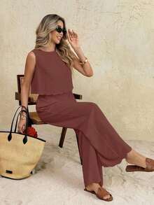 Conjunto informal de 2 piezas con top de cuello redondo y lazo en la espalda, y pantalones de cintura elástica de unicolor para mujer - Color caoba - Ver 4