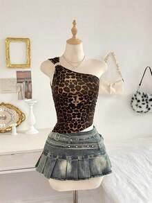 Camiseta de tirantes con hebilla metálica y estampado de leopardo asimétrico en el hombro, estilo sexy y explosivo para mujer - Multicolor - Ver 8