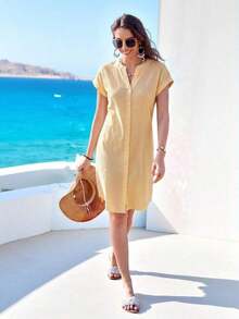 Vestido camisero de verano para mujer, de manga corta, cuello en V y rayas, hasta la rodilla, vestidos de verano para mujer, vacaciones - Amarillo - Ver 3