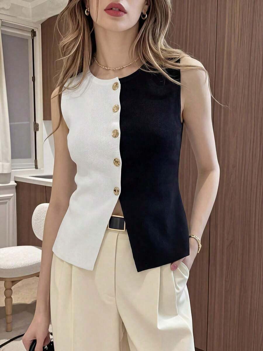 Elegante chaleco sin mangas con botones en verde oscuro - Blanco y Negro - Ver 1