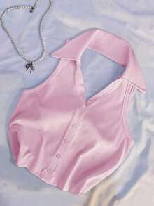 Blusa de mujer de moda casual y elegante con cuello polo, cuello vuelto, ajuste ceñido y escote en V sin espalda y sin mangas - Rosa Pálido - Ver 1