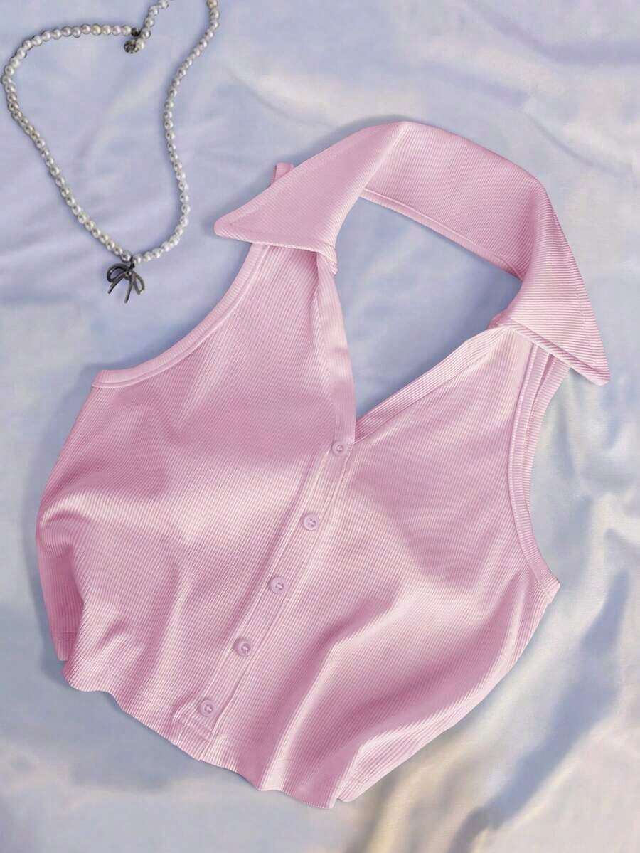 Blusa de mujer de moda casual y elegante con cuello polo, cuello vuelto, ajuste ceñido y escote en V sin espalda y sin mangas - Rosa Pálido - Ver 1