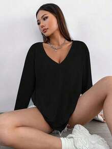 Women's Simple Basic T-Shirt With Deep V-Neck, Off-Shoulder, Long Sleeve, Autumn Sweater - 黑色 - 查看 6