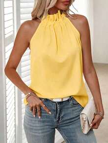 Blusa plisada de unicolor, versátil y casual para uso diario - Amarillo claro - Ver 5