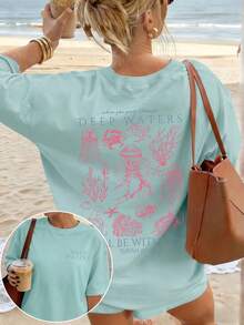 New 2026 Women's Casual Summer Loose Fit T-Shirt, Featuring Sea Creature Prints And Text, Made Of Comfortable And Breathable Fabric, A Relaxed American Retro Style Short Sleeve T-Shirt, Suitable For The Beach, Casual Daily Wear And Lounging At Home On Weekends. - 藍色 - 查看 2