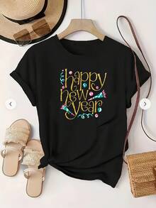 Talla grande, camiseta de talla grande para mujer con estampado de Feliz Año Nuevo - Blusa casual de verano de manga corta y cuello redondo con atuendo de Nochevieja, ropa casual cómoda de primavera y verano, prenda superior lavable a máquina para atuendo de celebración durante todo el año 9079-P0 - Negro - Ver 6