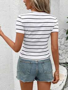 Camiseta de manga corta ajustada de cuello redondo minimalista casual para mujer, adecuada para primavera/verano - Blanco y Negro - Ver 9