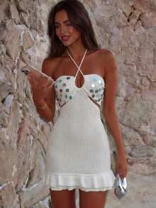 Nuevo vestido de verano y primavera para mujer de cuello redondo de punto con lentejuelas, cruzado, halter, espalda descubierta, con cordones y volantes en el bajo, en estilo sexy y caliente, color blanco - Blanco - Ver 9