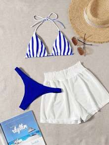 3 piezas de bikini - Bottom a rayas azul y blanco, shorts de cubrir blancos, ropa de playa casual para vacaciones de primavera/verano, fiesta en la playa - Azul y blanco 2 - Ver 3