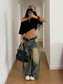 Top corto asimétrico de mujer con cuello blanco y flecos, camiseta de manga corta de moda versátil Y2K oversize y sexy, para primavera/verano - Negro - Ver 5