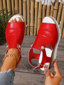 Women's Fashion Peep-Toe Wedge Buckle Strap Outdoor Beach Strap Roman Sandals For Summer,Holiday Essential - Red - View 5