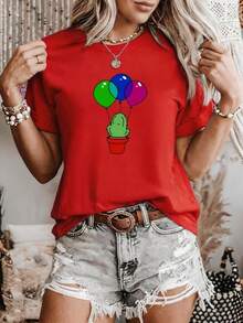 Camiseta de Mujer con Estampado Animado de Cactus, Globos y Maceta, Cuello Redondo, Manga Corta, Estilo Casual Y2K, Ideal para Uso Diario y Perfecta para Salidas, Cómoda, Suave y Transpirable, Cuello Redondo Versátil. - Rojo - Ver 5