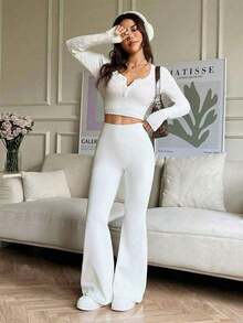 Pantalones acampanados de cintura alta elástica, pantalones de yoga deportivos, leggings ajustados de compresión, pantalones para correr y fitness, pantalones de ropa deportiva para mujer, transpirables y de secado rápido, para primavera/verano - Blanco - Ver 3