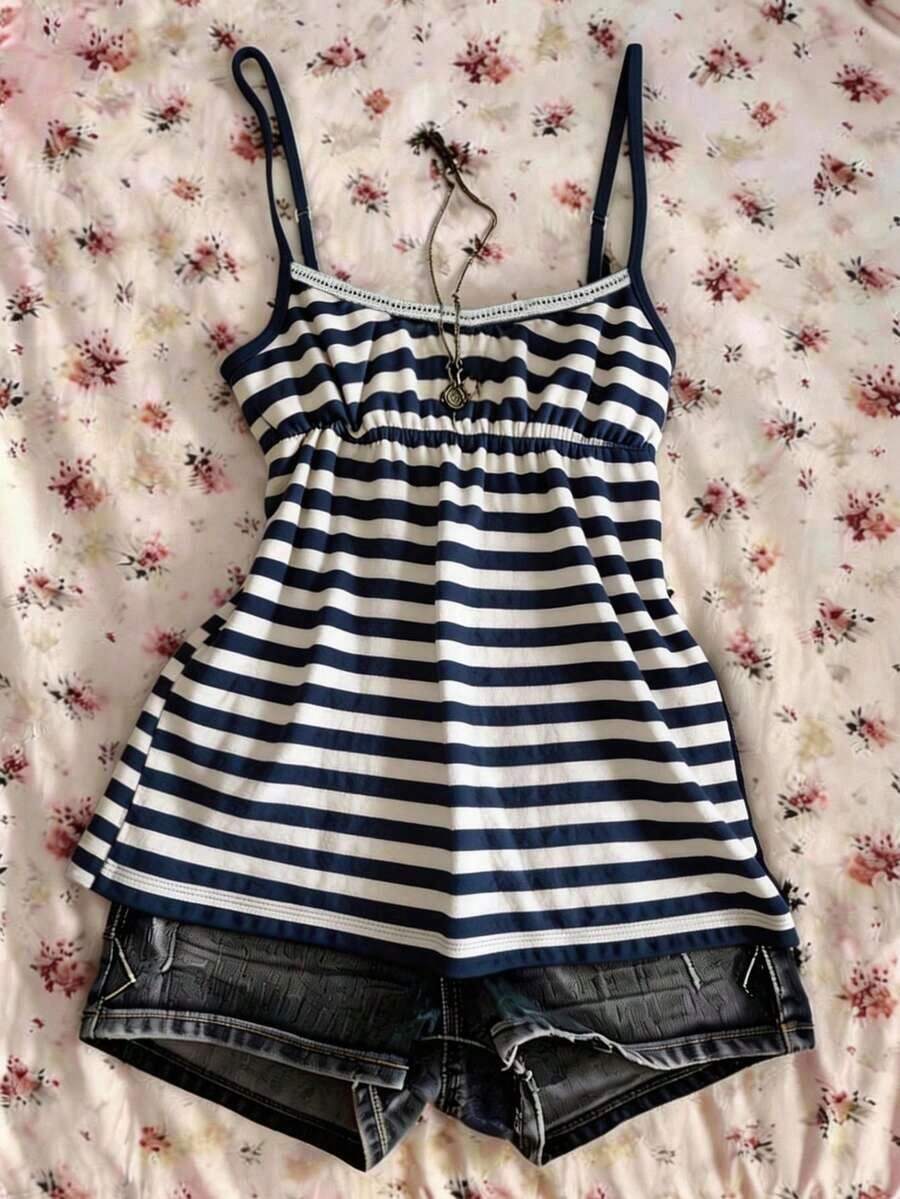 Camiseta de tirantes de mujer de rayas estilo retro Y2K casual de verano - Azul - Ver 1