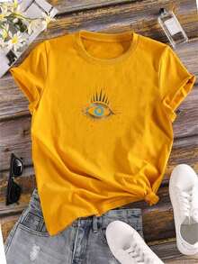 Camiseta de manga corta con estampado de ojo para mujer, blusas con gráficos para mujeres - Amarillo - Ver 1