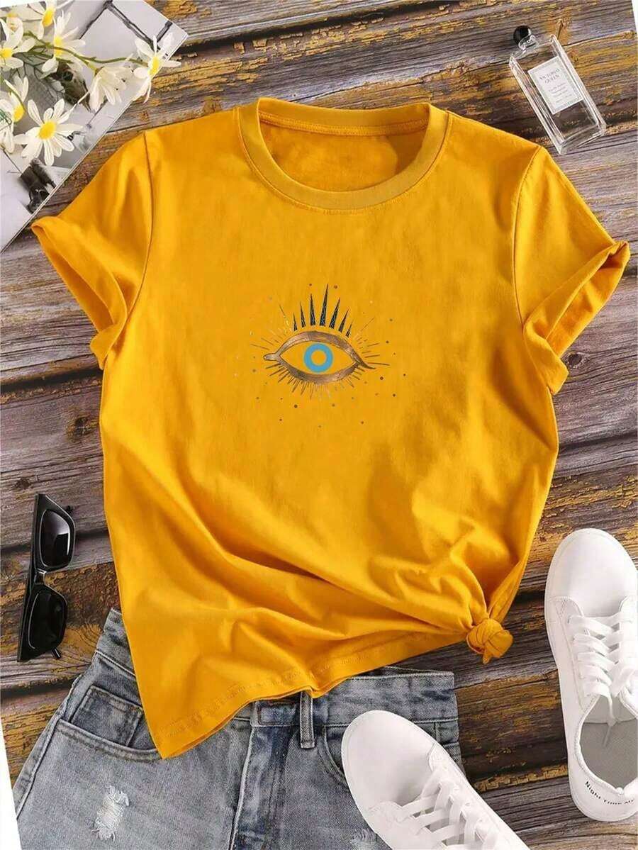 Camiseta de manga corta con estampado de ojo para mujer, blusas con gráficos para mujeres - Amarillo - Ver 1
