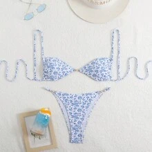 Nuevo traje de baño sexy con estampado de leopardo y tirantes para mujer, ropa de baño de alta gama para playa y spa. - Fondo blanco con flores azules - Ver 12