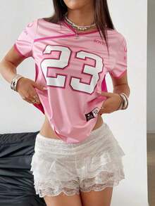 Camiseta de manga corta con estampado de letras de color contrastante para mujer, primavera/verano - Rosa - Ver 3