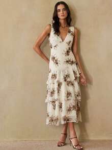 Aveloria Revavyn Vestido maxi elegante y grácil de mujer con escote en V profundo y sin mangas, de gasa ligera con estampado floral romántico, con cintura ceñida y dobladillo con volantes en capas, adecuado para citas, vacaciones, lujo y delicadeza - Multicolor 2 - Ver 2