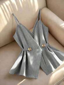 Camiseta sin tirantes casual de mujer con decoración de botones a rayas - Negro - Ver 1
