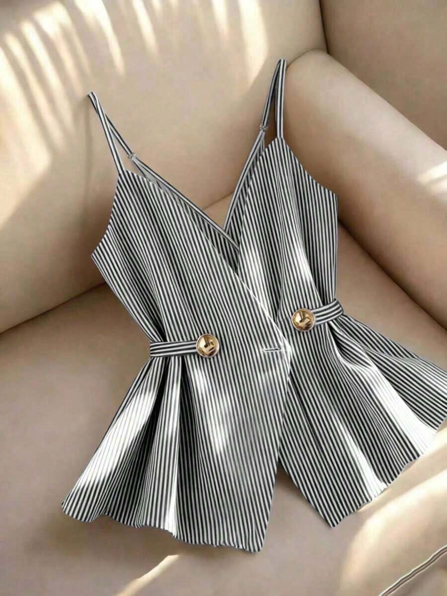 Camiseta sin tirantes casual de mujer con decoración de botones a rayas - Negro - Ver 1