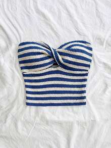 Top corto de algodón de punto a rayas con nudo - Uso versátil de verano, festival occidental, chica de isla vintage, vacaciones en la playa, vibraciones de vacaciones románticas, vacaciones de primavera, chica linda y limpia, vacaciones en la p - Azul y blanco - Ver 4