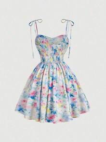 Vestido mini elegante de mujer sin mangas con estampado floral, dobladillo con volantes plisados - Multicolor - Ver 5