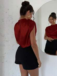 Blusa de mujer con cuello mao de unicolor y pliegues, informal y elegante, manga de murciélago fruncida, ajuste regular, top casual de uso diario para primavera/verano - Burdeos 3 - Ver 2
