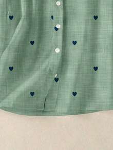 Camisa de mujer de manga larga con botones y bolsillos, con estampado romántico de corazones, adecuada para otoño, invierno y primavera - Verde - Ver 9