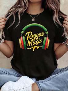 Women's Fashionable Reggae Music Style Graphic Print T-Shirt, Short Sleeve, Round Neck, Casual, For Spring-Summer, Daily Leisure, Holiday Gift - Black - View 6