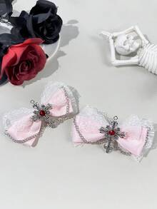 2pcs Gothic Style Lace Ribbon Cross Chain Hair Accessories, Suitable For Holiday Outfits And Daily Wear For Gothic Enthusiasts,Clips For Hair,Claw Clips - Pink - View 2