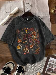Camiseta manga corta para mujer estilo vintage lavado suave cuello redondo informal estampado floral vintage colorido tulipanes margaritas amores mi vivas corte holgado edición limitada de temporada rosa pálido amarillo mostaza Circle Circle Navidad blusas para mujer camiseta de mujer ropa de mujer única ropa de mujer a la moda nacional envio - Negro - Ver 6