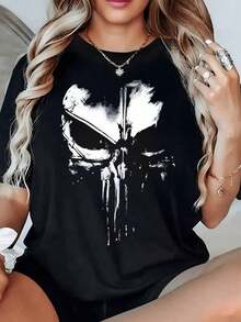 Abstract Skull In White Tones With Irregular Strokes That Convey Strength And Mystery, Ideal For Expressing Unique Personality. Women's T-Shirt, 100% Cotton, 220g - 黑色 - 查看 1