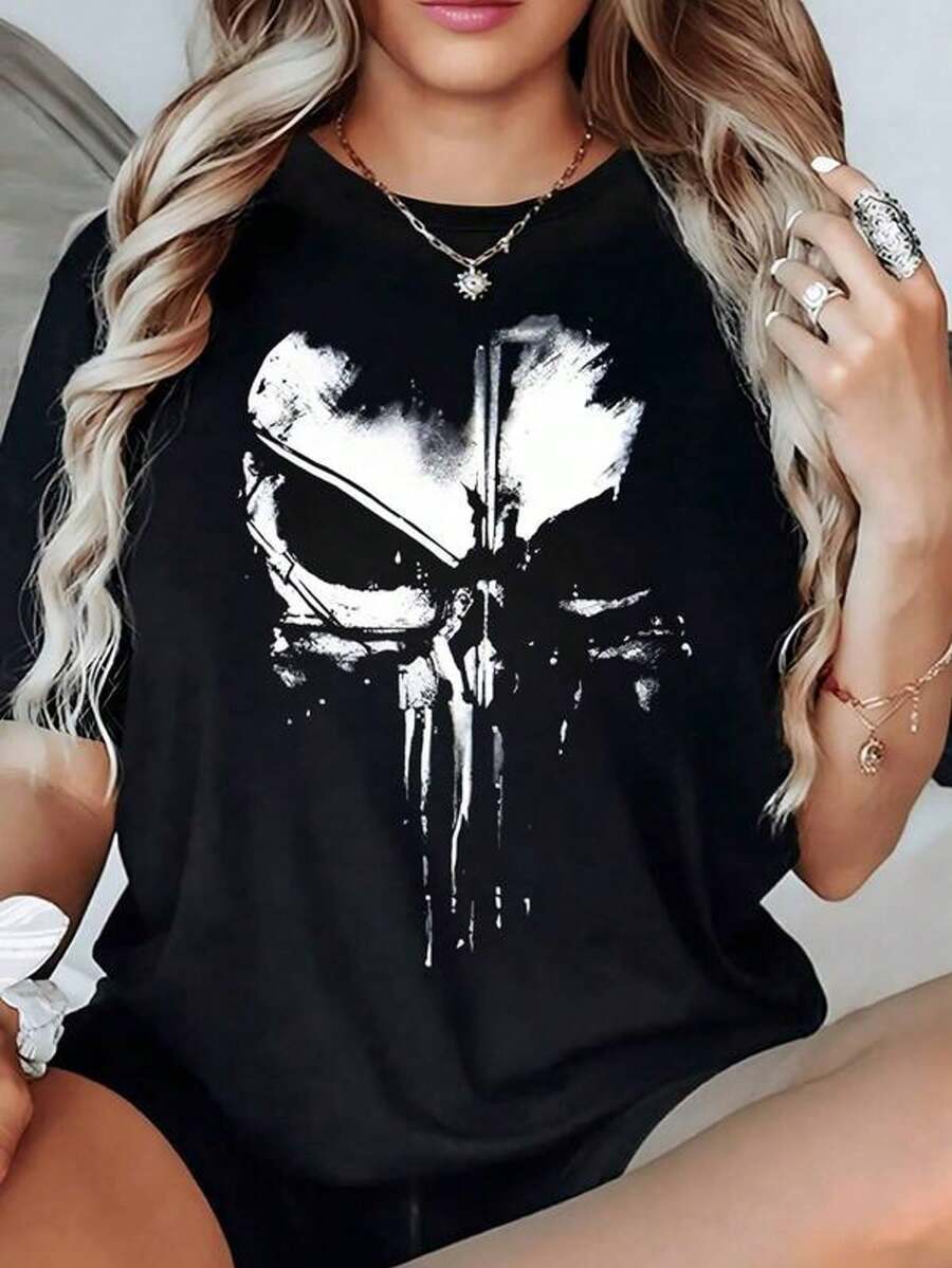 Abstract Skull In White Tones With Irregular Strokes That Convey Strength And Mystery, Ideal For Expressing Unique Personality. Women's T-Shirt, 100% Cotton, 220g - 黑色 - 查看 1