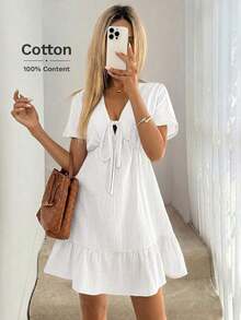 Vestido paraguas con cuello en V, lazo en los hombros, mangas caídas, cintura recogida, volantes en el bajo, de doble capa con textura de crepé 100% algodón, casual, relajado y elegante para uso diario, vacaciones, primavera y verano para mujeres - Blanco - Ver 4