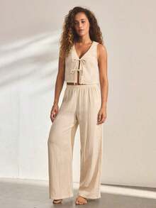 Ocili Conjunto de pijama casual con lazo para mujer - Albaricoque - Ver 5